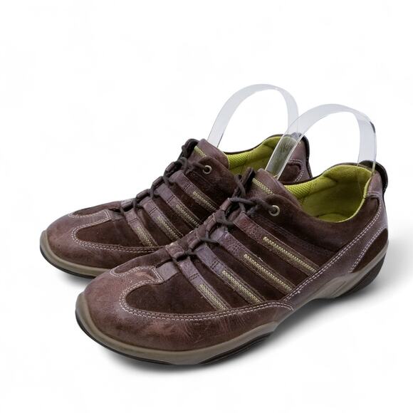 ECCO Brown w/ Green Suede Leather Suede Lace-Up Comfort Sneaker Size 39 EU 8 - Picture 2 of 7